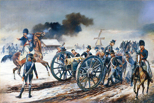 5 inch howitzer of the Royal Artillery coming into action in Holland, 1794